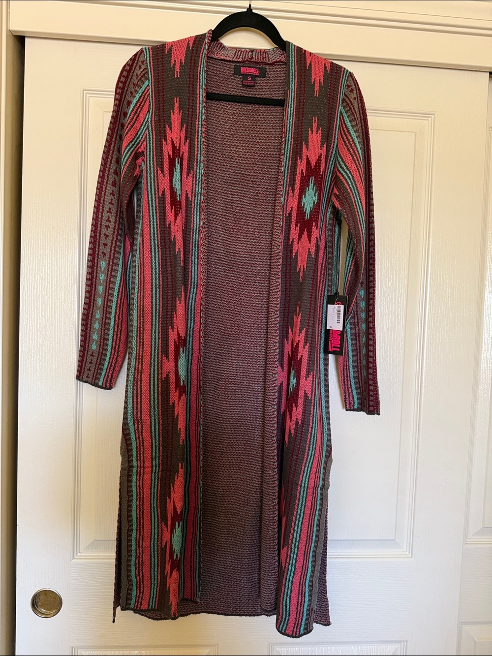 Aztec-Pattern Open Front Long Cardigan Sweater - Pink, Brown & Teal Junior Small